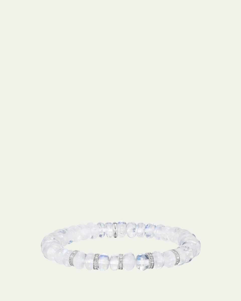Rainbow Moonstone 8mm Bead Bracelet with 5 Pave Diamond Rondelles